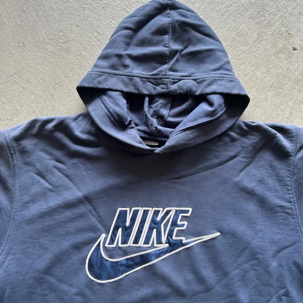 Vintage Y2K Nike Sweatshirt Size XL Navy Blue Hoodie Swoosh Logo Distressed‎